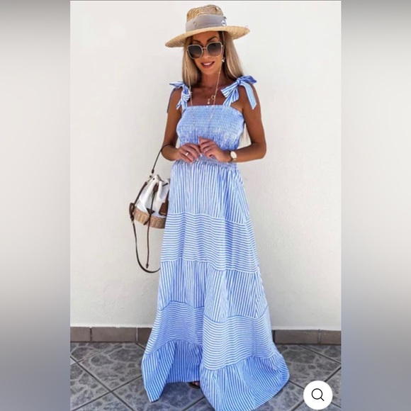 MARTINE Shirred Striped Maxi Dress - BLUE NWT - Picture 2 of 10